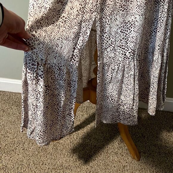 Japna Women's White Brown Faux Wrap Smocked Tiered Maxi Dress Size Medium - Picture 3 of 7